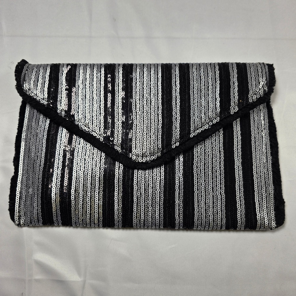 SAM FOREVER Sequin‎ Envelope Clutch Black Silver Striped Evening Bag with Chain